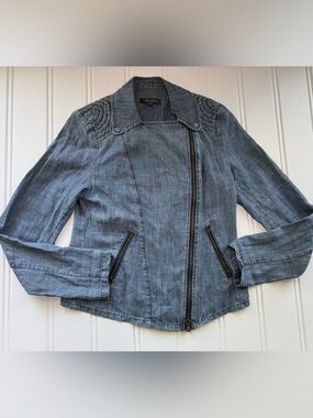 Level 99 Asymmetrical Zip Chambray Moto Jacket Small Blue Linen Blend Women 3123